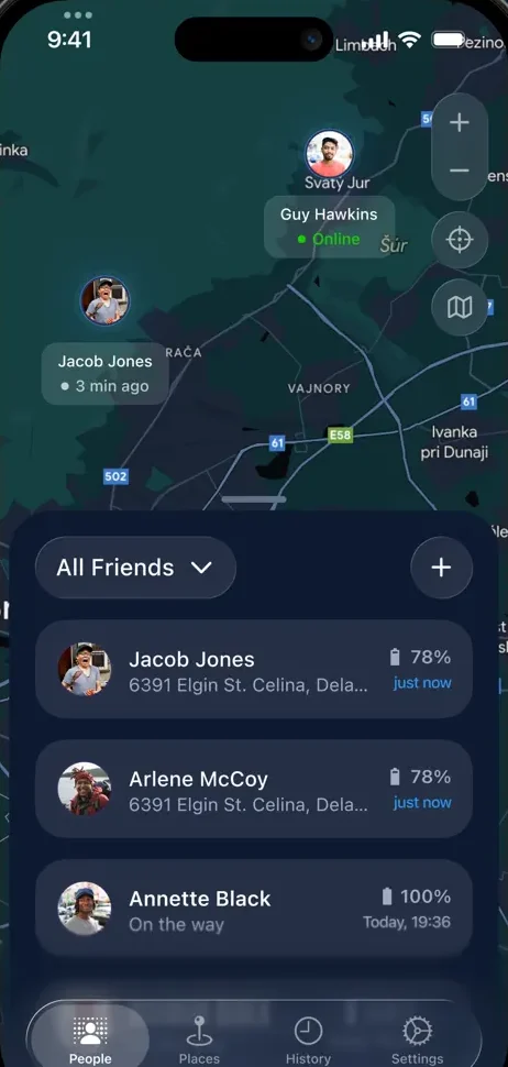 Stay Near app: live map with friends’ locations and a list of people
